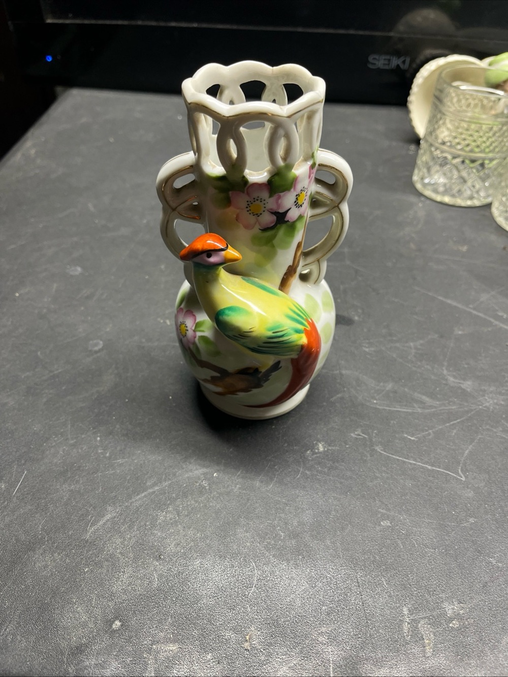 Hand-Painted Porcelain Bud Vase with Colorful Bird